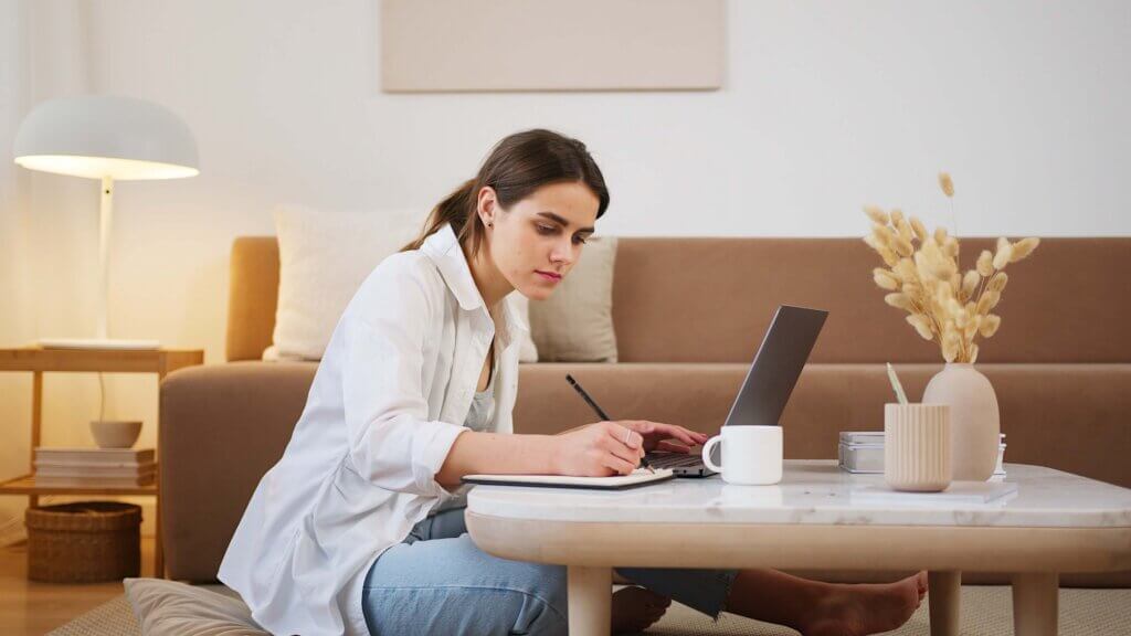 E-learning localization. Young woman taking an online course.