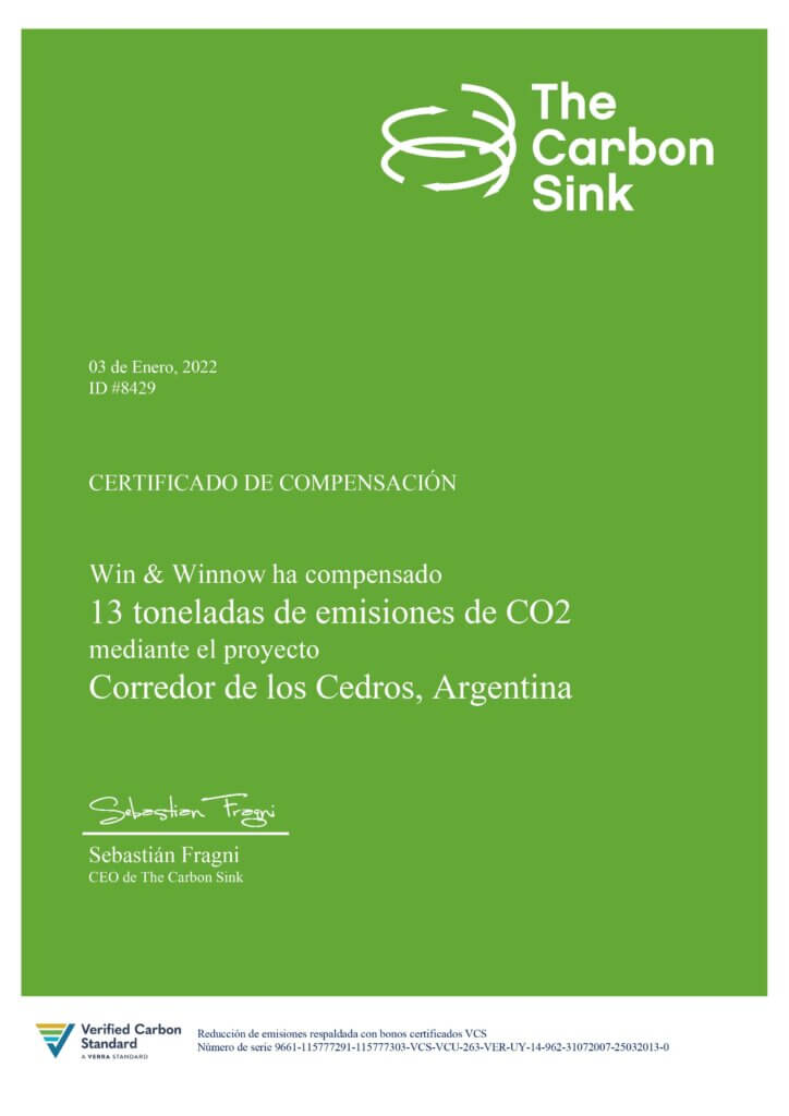 Win & Winnow's carbon-neutral translation company certificate 