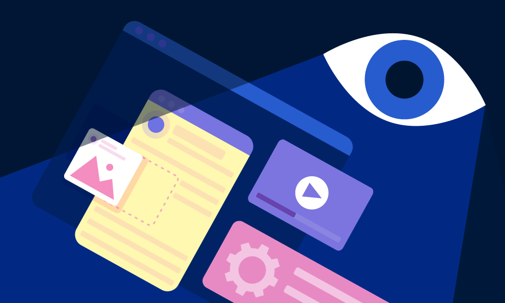 An illustration of digital content with an eye that looks at it.