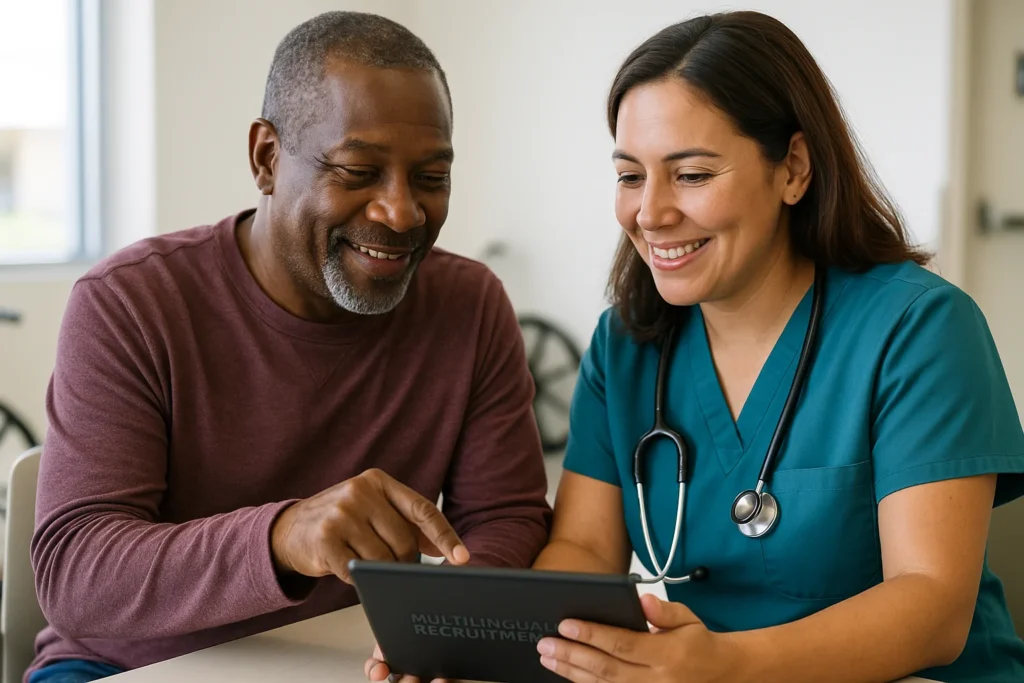 Médica clínica y paciente utilizan una tableta durante una consulta de captación multilingüe de pacientes.