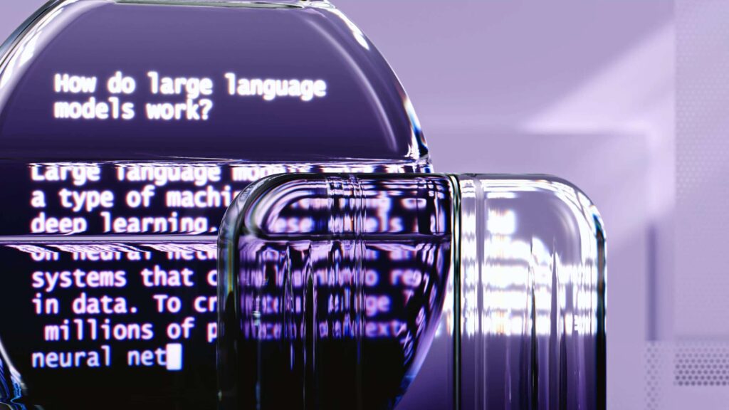 A purple rounded screen presenting a short text about LLM, often included among AI-powered language services.