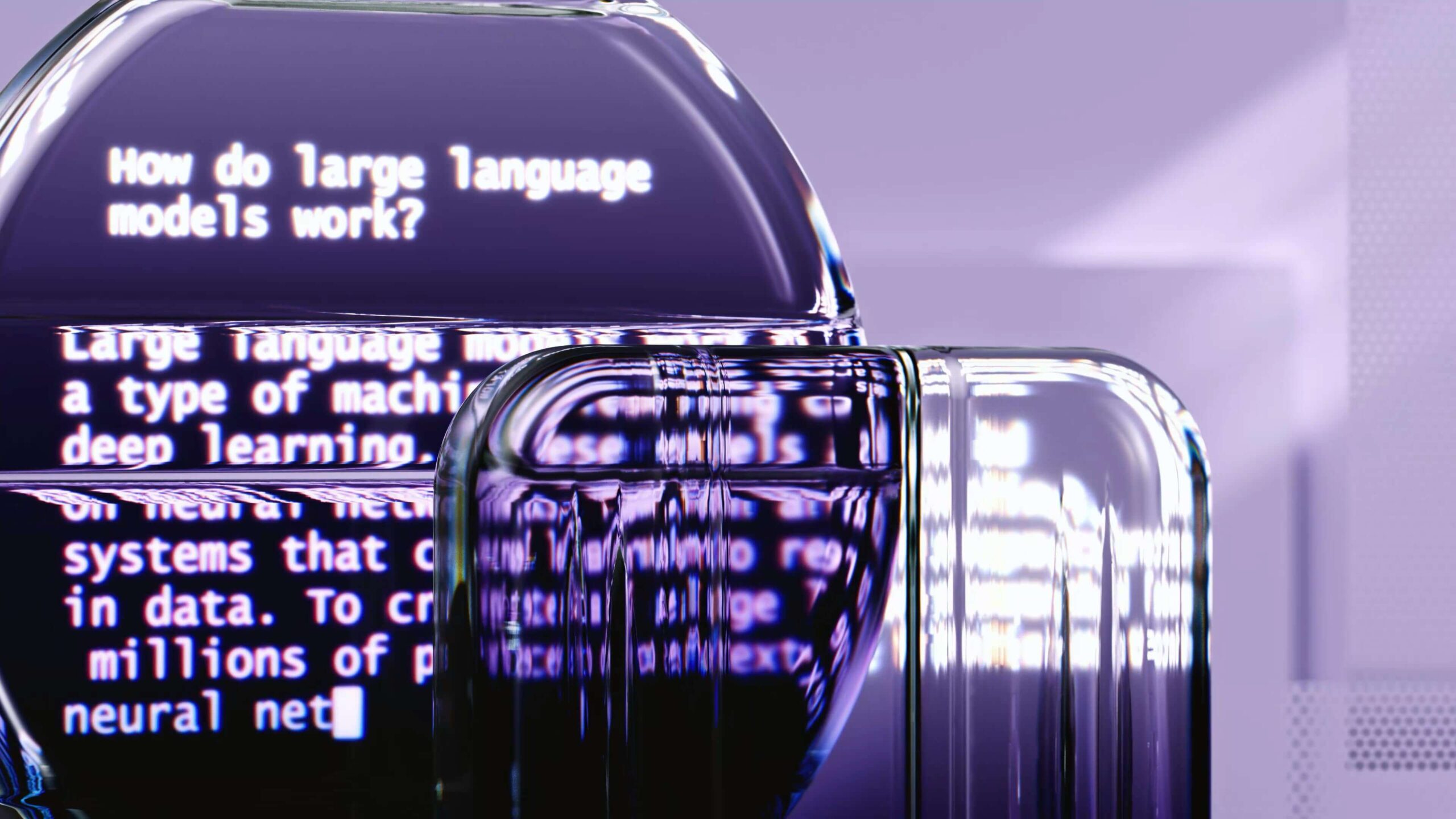 A purple rounded screen presenting a short text about LLM, often included among AI-powered language services.